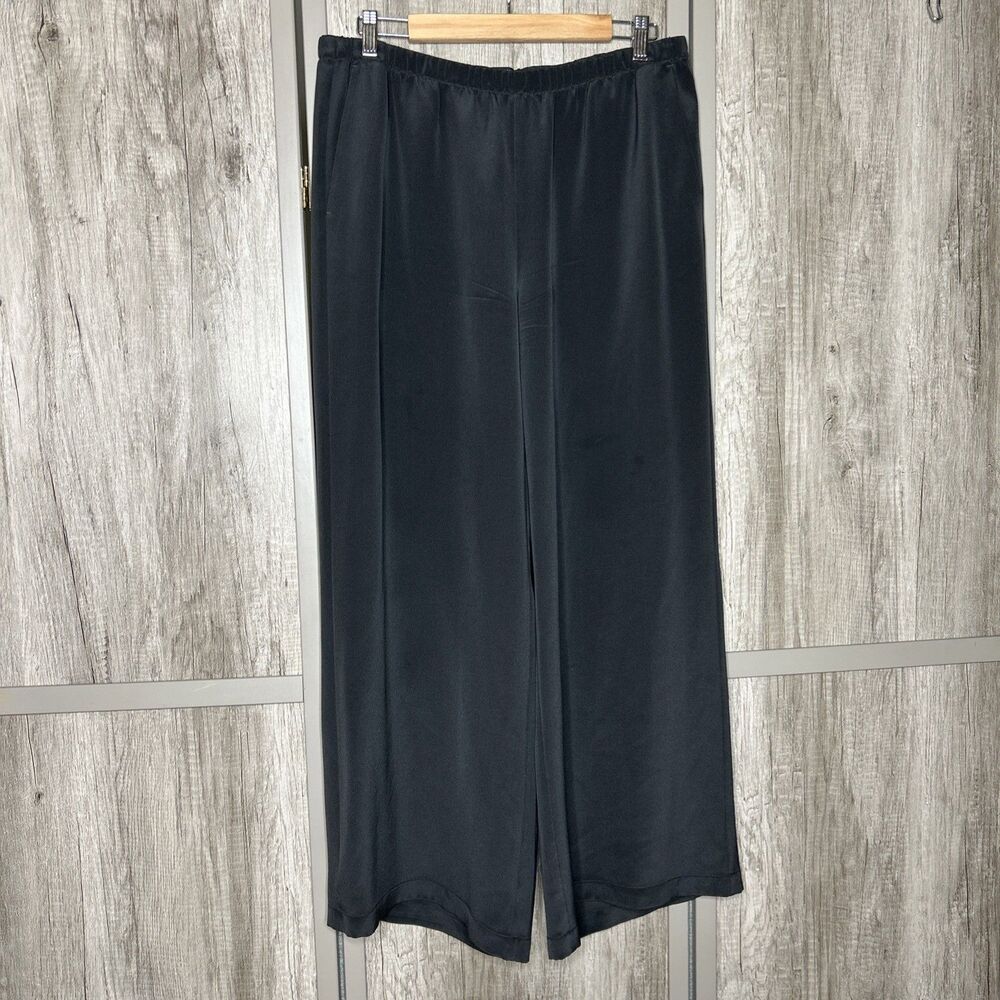 Eileen Fisher Silk Pants Wide Leg Pockets Elastic Waist Black
